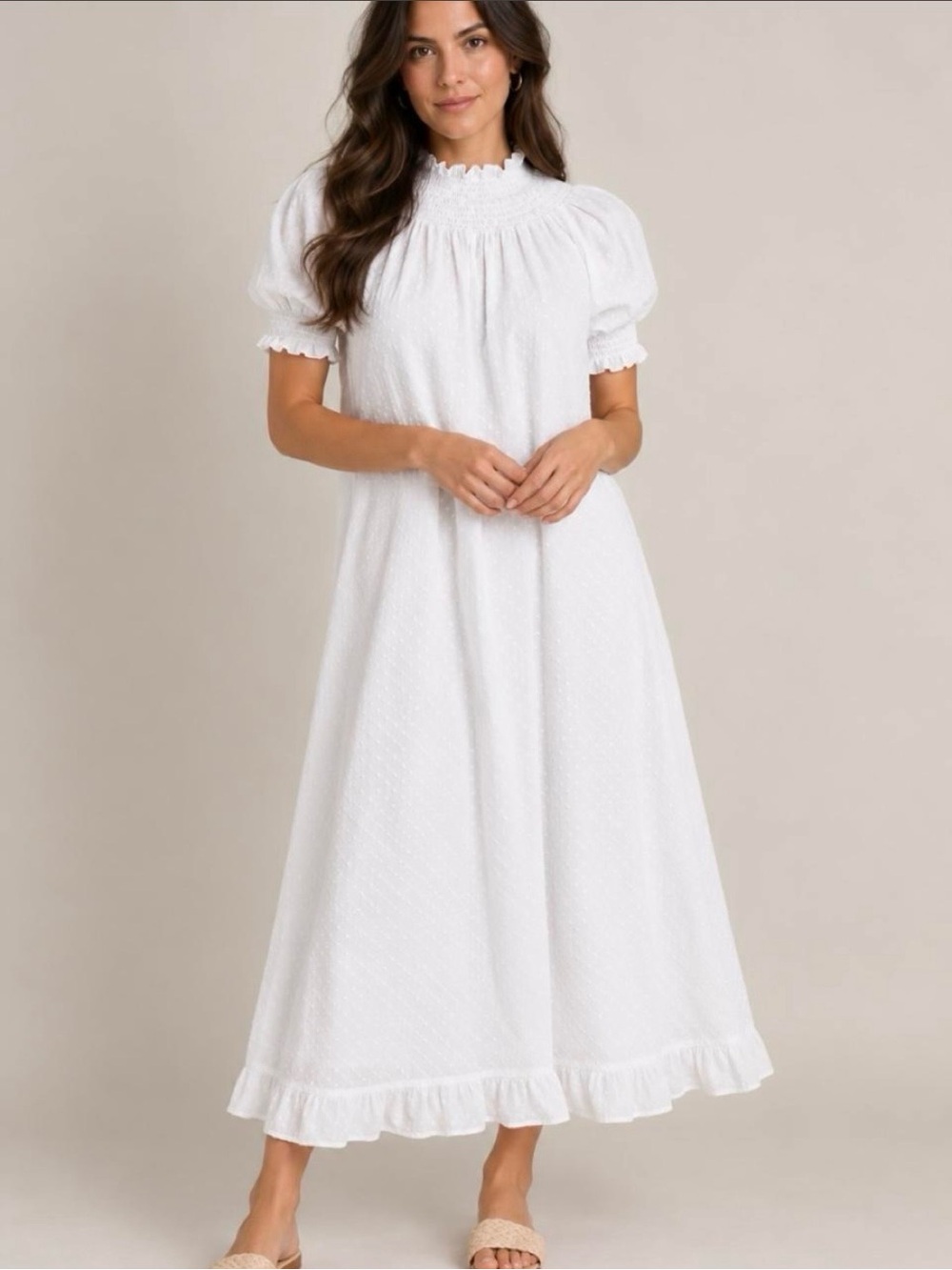 Hill House Caroline Nap Dress White Smocked Midi Dress with Puff Sleeves Small